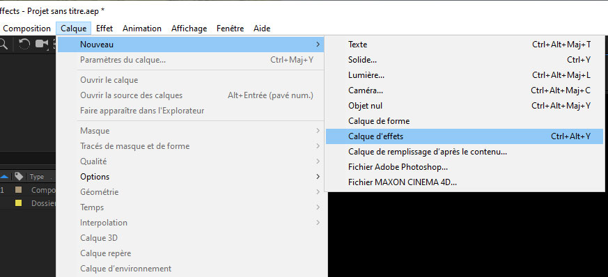 Le menu calque dans After Effects